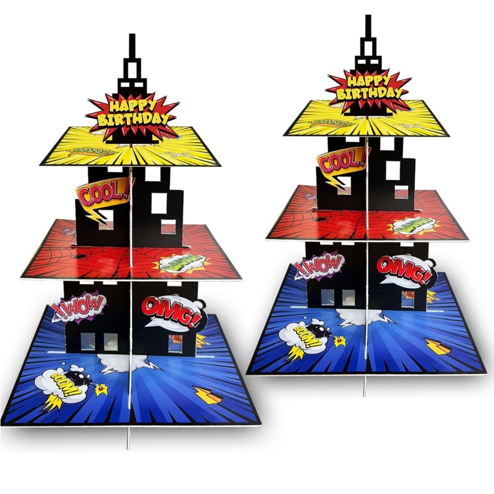 2 Pack Superhero Comic Book Cupcake Dessert 3 Tier Stand for Birthday Party